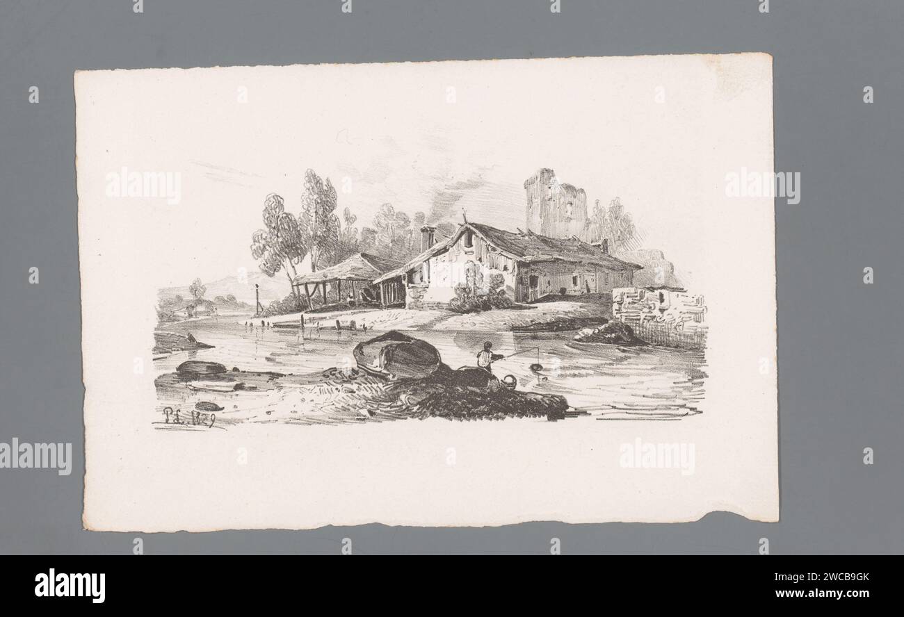 Blick auf ein Haus an einem Fluss, Paulus Lauters, 1829 - 1839 drucken Brüsseler Papierlandschaften in der gemäßigten Zone (+ Landschaft mit Figuren, Personal). fluss. Angeln Stockfoto