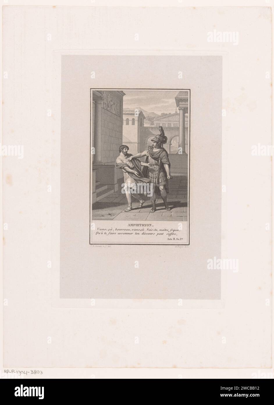 Amphitryon und sein Diener Sosie, Barthélémy Joseph Fulcran Roger, nach Jean Michel Moreau, 1811–1813 Druckpapier. Ätztheater/Gravurtheater, Theateraufführung Stockfoto