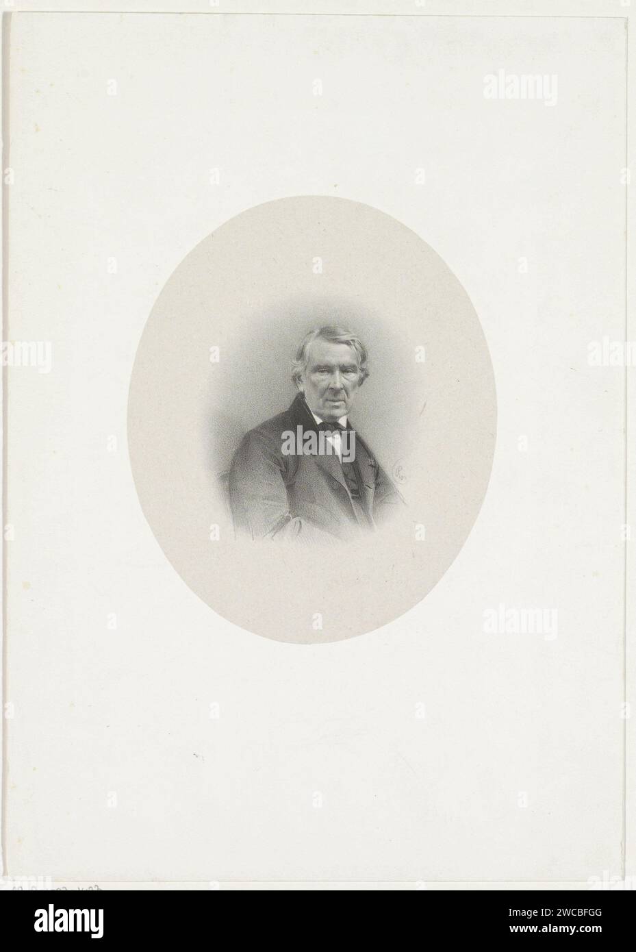 Porträt von Andreas Schelfhout, Wilhelmus Cornelis Chimaer van Oudendorp, 1832–1873 Druck die porträtierte Person, dargestellt in einem Oval, sitzt auf einem Stuhl und trägt eine Ritterschaft am Revers seiner Jacke. Niederlande Papier. Historische Personen (+ Kopf (und Schultern) (Porträt)). Ritterorden Stockfoto