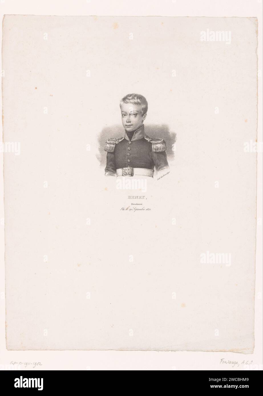 Porträt von Henri d’Artois im Alter von zwölf Jahren, Antoine Catherine Adolphe Fonrouge, 1832 Druckpapier historische Personen Stockfoto