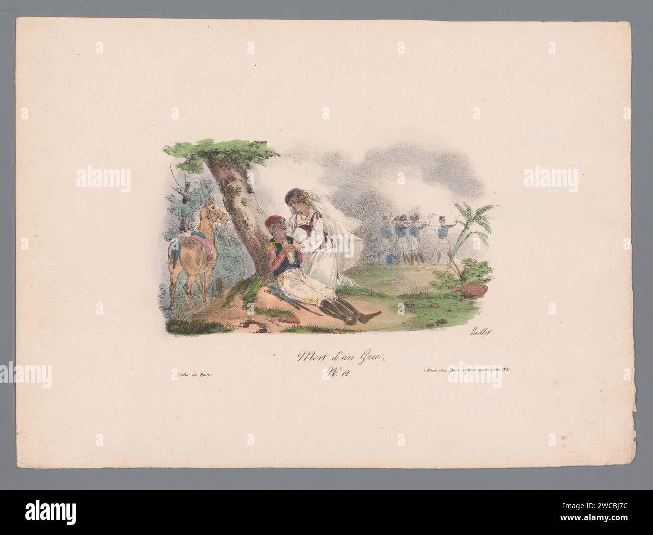 Sterbender griechischer Mann mit Frau Karl Loeillot -Hartwig, 1829 - 1835 drucken Pariser Papierbäume (+ Stamm, Stamm). Sterben. Pferd. Erwachsene Frau Stockfoto