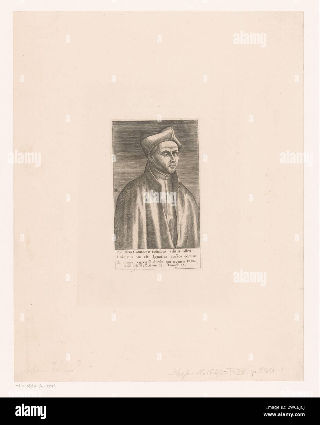 Portret van Ignatius van Loyola, Adam Zeller, ca. 1556 Druck vierzeiliger lateinischer Text unter dem Rand. Papierstich historischer Personen Stockfoto