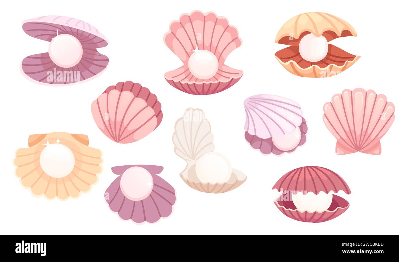 Satz von geöffneter und geschlossener rosa Muschel mit Perle innerhalb Muschel Vektor Illustration isoliert auf weißem Hintergrund Stock Vektor