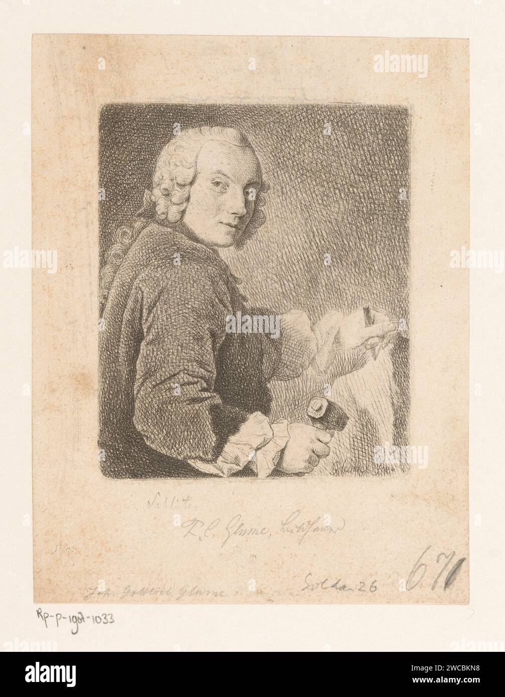 PortraT van Friedrich Christian Glume, Johann Gottlieb Glume, 1724 - 1752 Druckpapier, das historische Personen graviert. Bildhauer bei der Arbeit. Porträt, Selbstporträt des Bildhauers Stockfoto