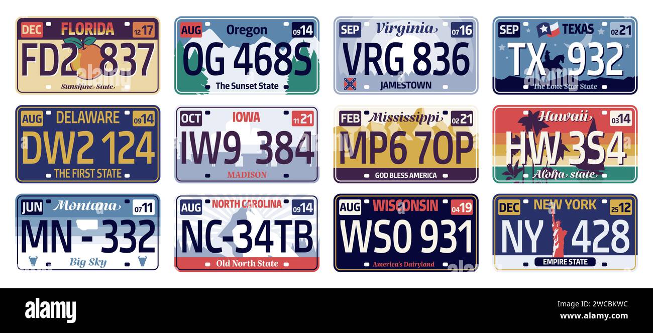 Autokennzeichen usa. Sammlung von Identifikationsnummern, Länderkennzeichen, Führerschein für Florida, Oregon, Virginia, Hawaii, Mississippi, Wisconsin. Vektorsatz. Metallschilder für Automobile Stock Vektor