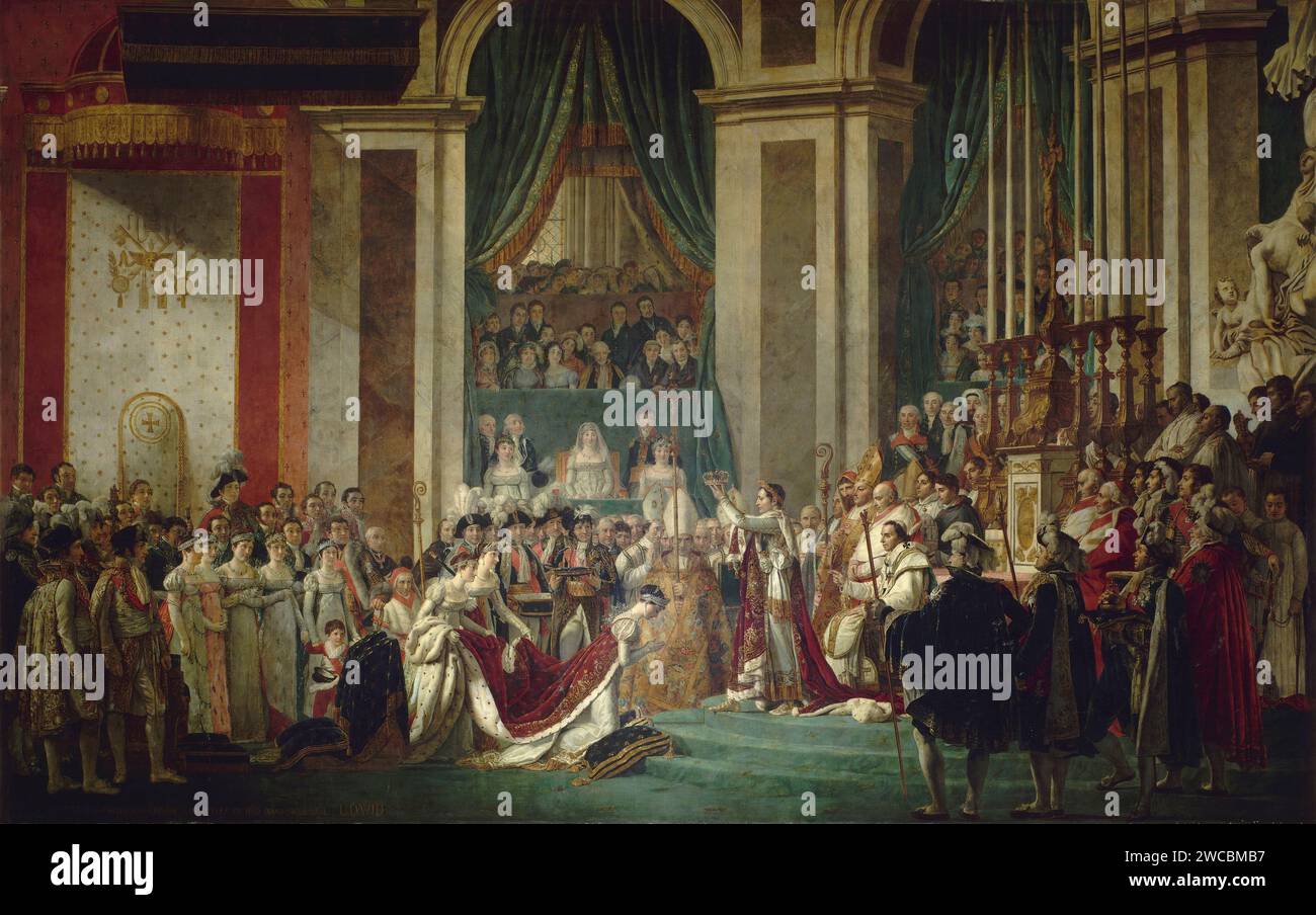 Titel: Krönung von Kaiser Napoleon I. und Krönung von Kaiserin Joséphine in der Kathedrale Notre-Dame in Paris, 2. Dezember 1804 Künstler: Jacques Louis David Jahr: 1806 Medium: Öl auf Leinwand Abmessungen: 6,21 m x 9,79 m Stockfoto
