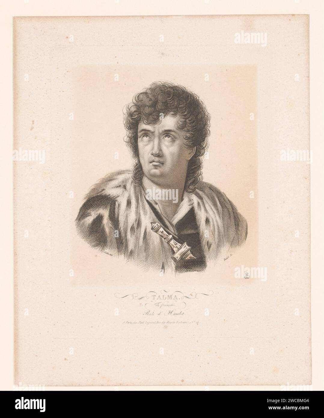 Porträt von Francois-Joseph Talma in der Rolle von Hamlet, Paul Legrand, 1820 Druckgraphiker: Francepublisher: Paris Papierätzung / Gravur historischer Personen. Porträt des Schauspielers, der Schauspielerin Stockfoto