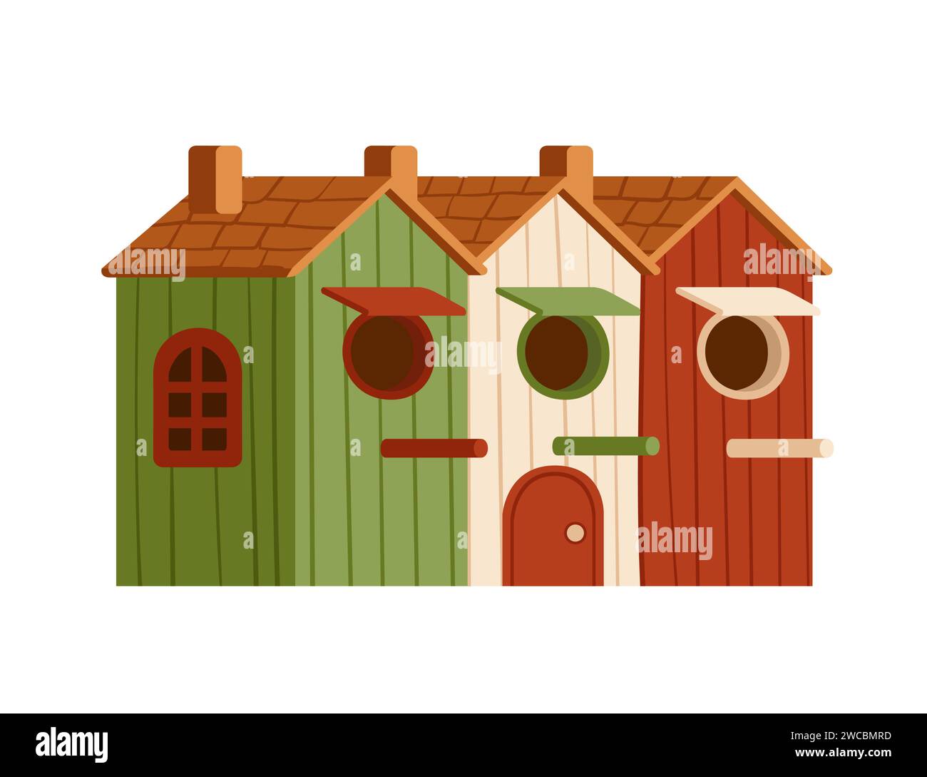 Ein Haufen hölzerner Vogelhaus mit Dach und Loch Vektor Illustration isoliert auf weißem Hintergrund Stock Vektor