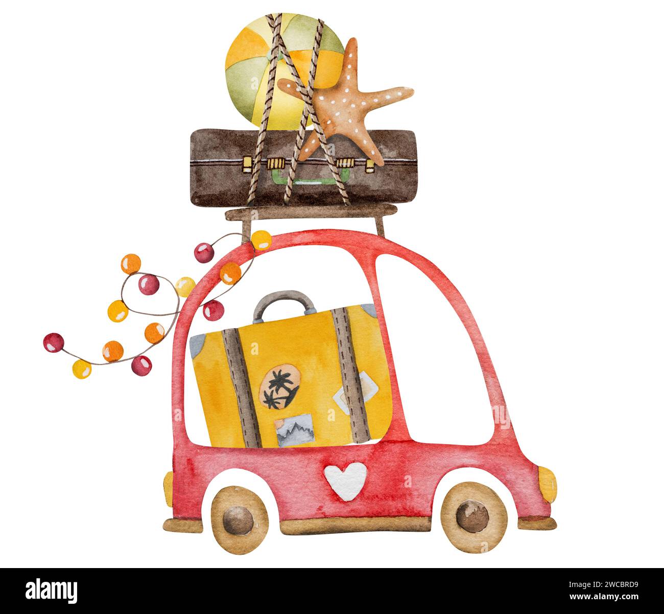 Handgezeichnete Aquarellillustration Zeigt Auto In Urlaub Mit Koffern Auf Dem Dach, Perfekt Für Sommer Clipart Stockfoto