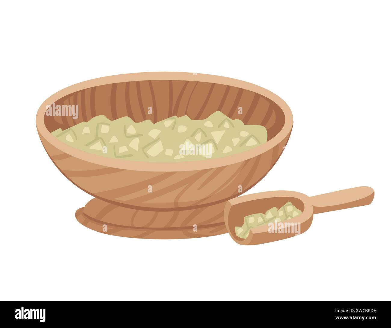 Grün gekörntes Salz in Holzschüssel mit Schaufel bereit für Bad und Spa Vektor Illustration isoliert auf weißem Hintergrund Stock Vektor