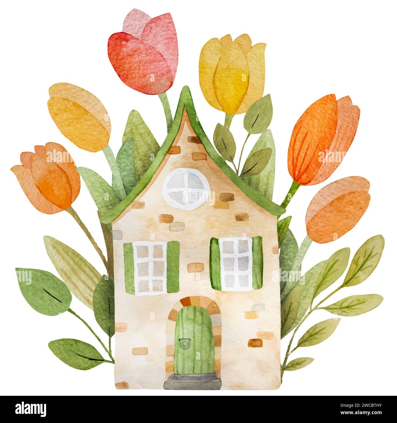 Handgezeichneter Aquarell Vektor Illustration zeigt Ein charmantes Landhaus mit Tulpen Stock Vektor