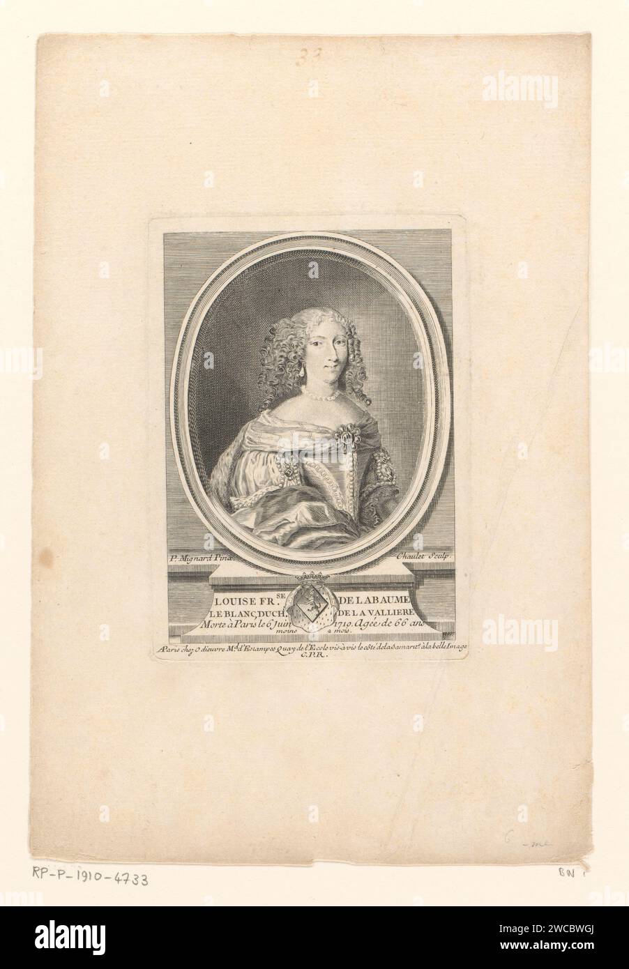 Portret van Louise Francoise de la Baume le Blanc de la Vallière, Chaulet, nach Pierre Mignard (1612-1695), 1697 - 1756 Druckerei: Franziskus Malerei von: Franziskus: ParisFrance Papierstich / Gravur historischer Personen. Herrin Stockfoto