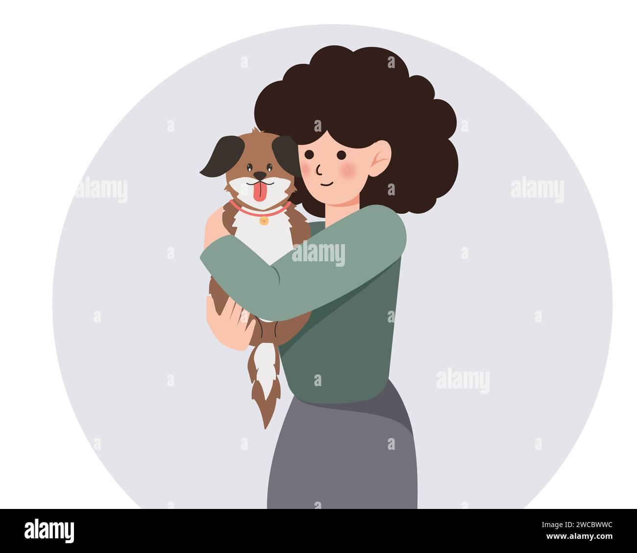 Frau umarmt ihren Hund mit Liebe, das Konzept der Beziehung zwischen Menschen und ihren Haustieren, Adoption, Unterbringung. Frau mit Hund. Cartoon-Vektor Stock Vektor