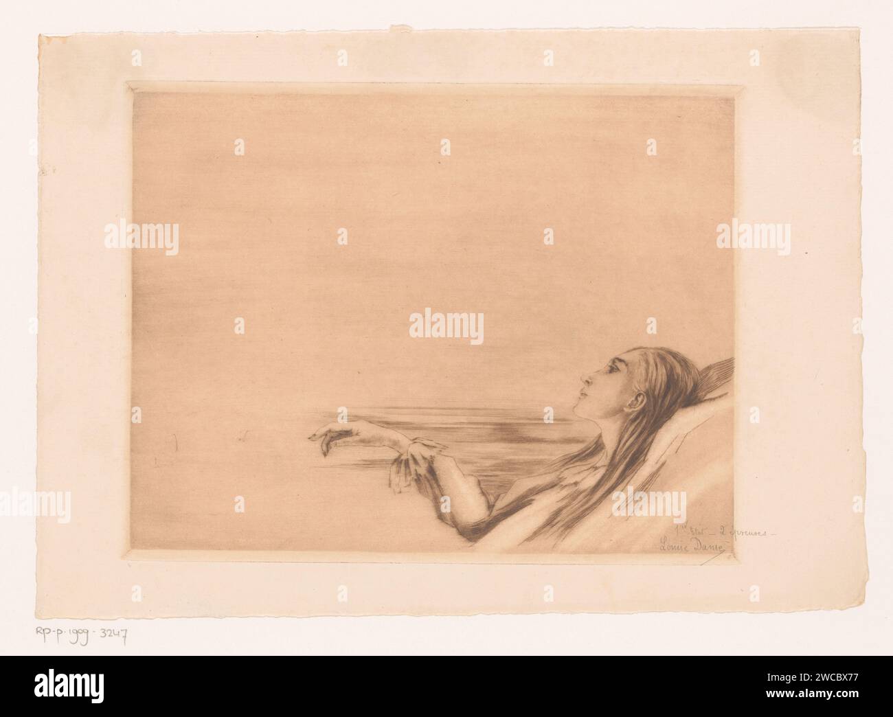 Sterbende junge Frau mit einer Lilie, Louise Danse, 1877 - 1909 Druckpapier Ätzen / Trockenpunkt Tod eines jungen Menschen. Blumen: lily. Kopf des Todes, Schädel (Symbol des Todes) Stockfoto