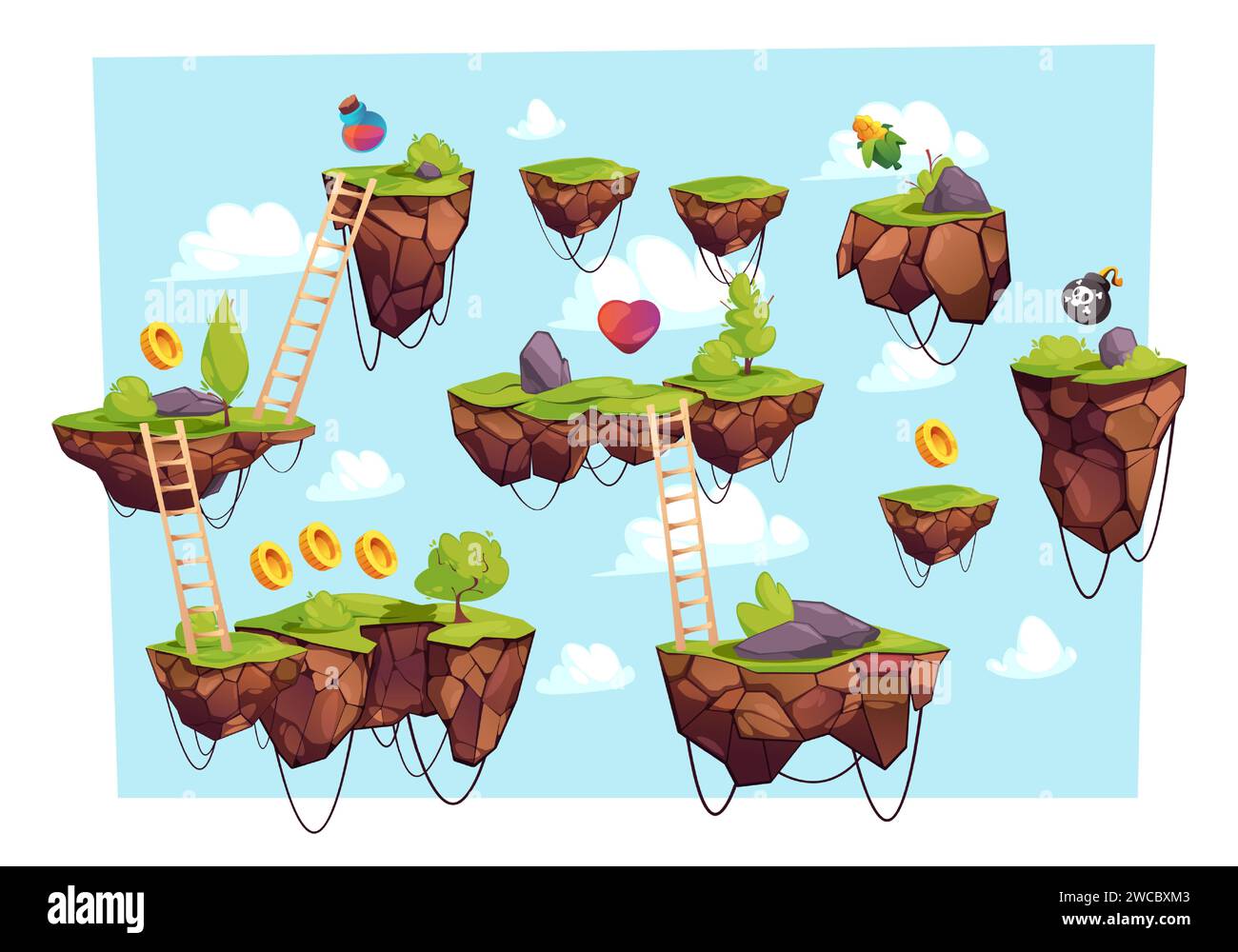 Spielniveau mit fliegendem Boden. 2D-Cartoon-Bühne mit Münzen, Herzen, Holztreppen, Gras und Steinen für mobile Plattformspiele. Vektor-Illustration der Bodenspielebene, Plattformlandschaft Stock Vektor