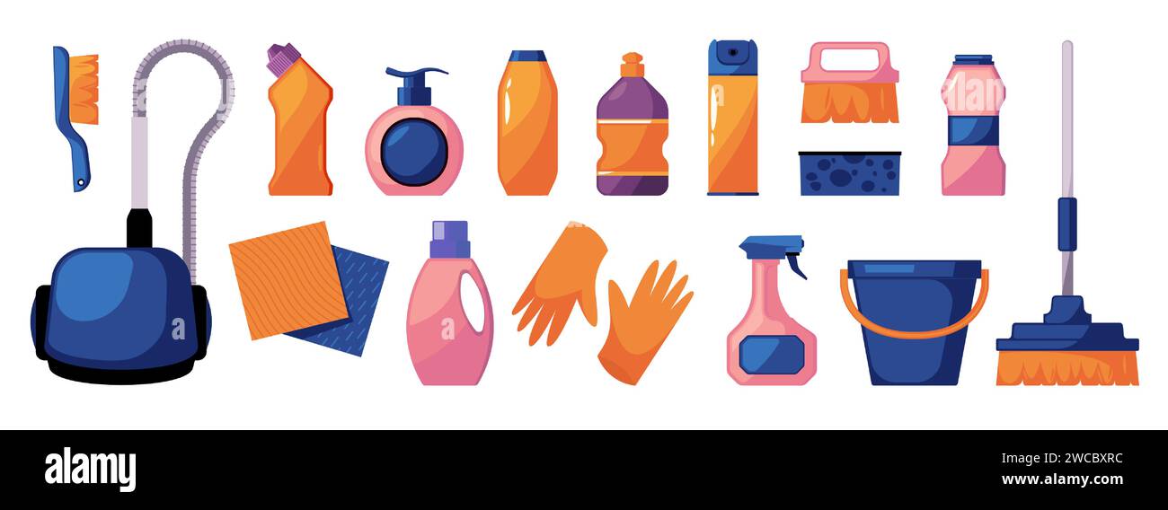 Reinigungszubehör. Reinigungswerkzeug-Set, Haushaltsreinigungsmittel, Flüssigbleichflasche für chemische Reinigungsmittel, Haushaltsentsorgung. Vektorsatz von Werkzeugen für Hausarbeit und sauberere allgemeine Ordnung Illustration Stock Vektor