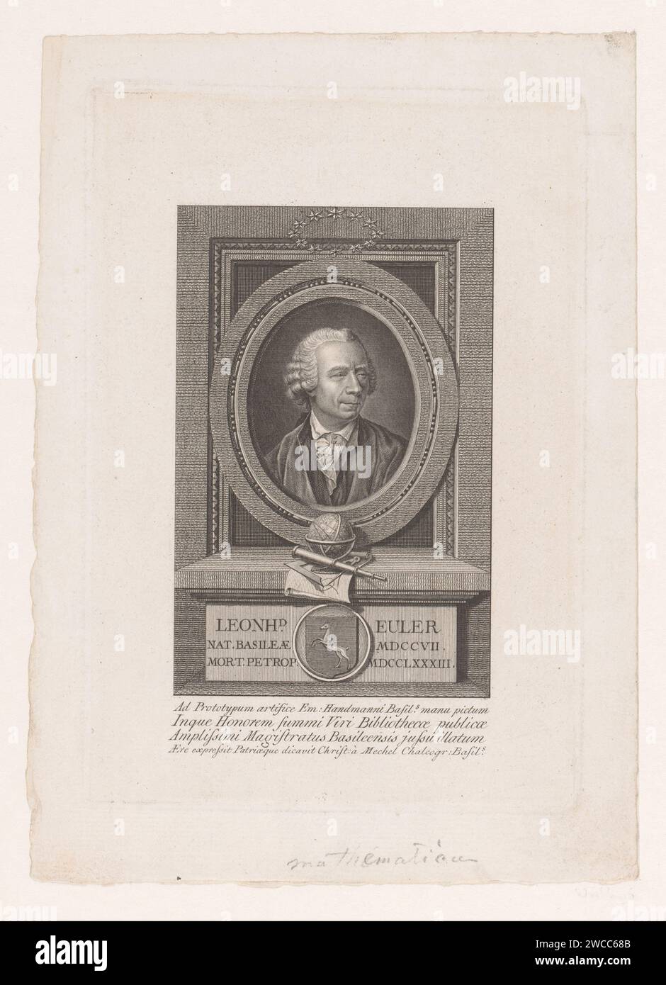 PortraT van Leonhard Euler, Christian von Mechel, nach Emanuel Handmann, 1785 Druck Basler Papier Gravur Wappenlager, Heraldik. Mathematik (+ Porträt des Gelehrten, Wissenschaftlers). Messgeräte Basel Stockfoto