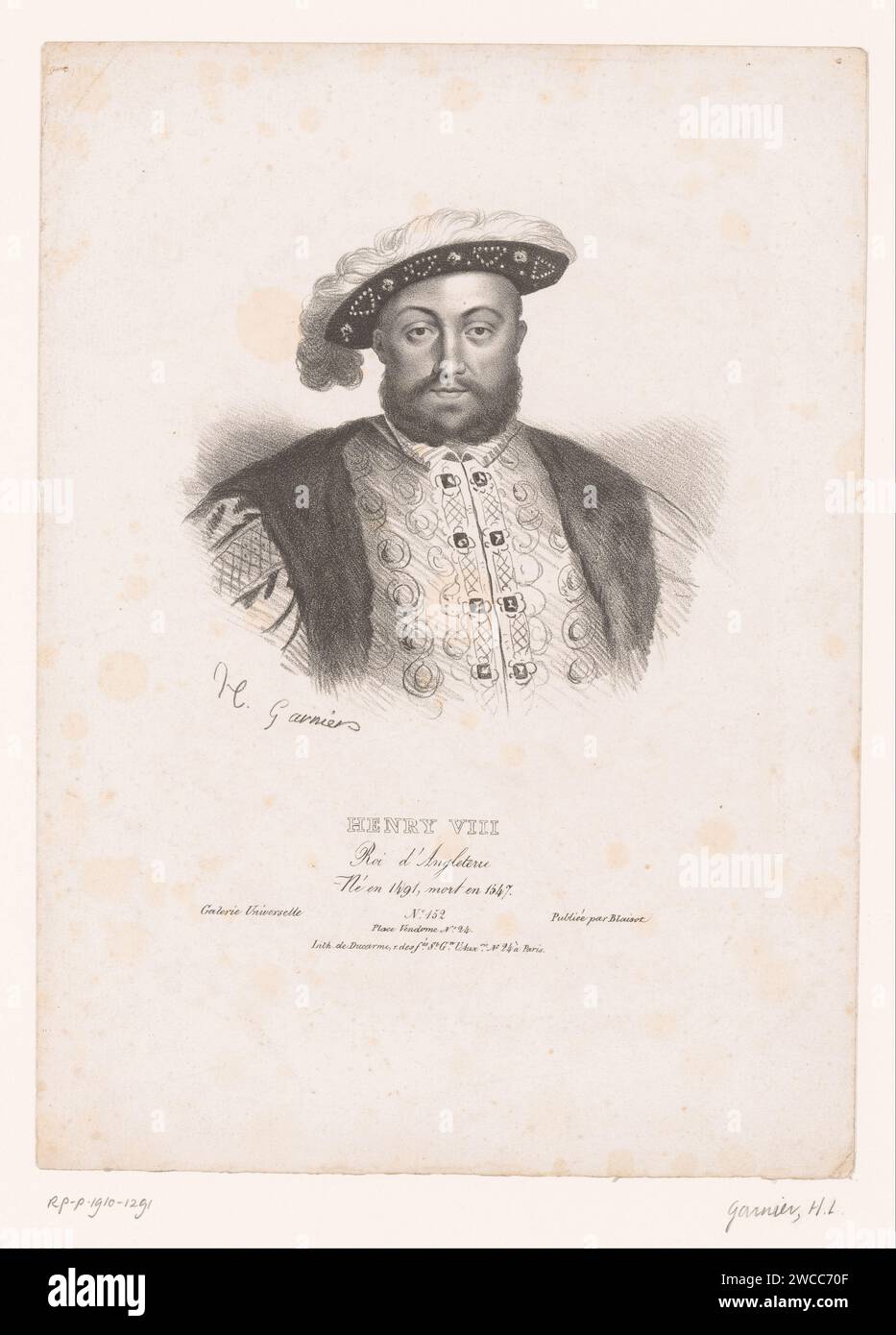 Porträt von Heinrich VIII. Von England, Hippolyte Louis Garnier, nach Hans Holbein (II), 1823 Druck Pariser Papier historische Personen Stockfoto