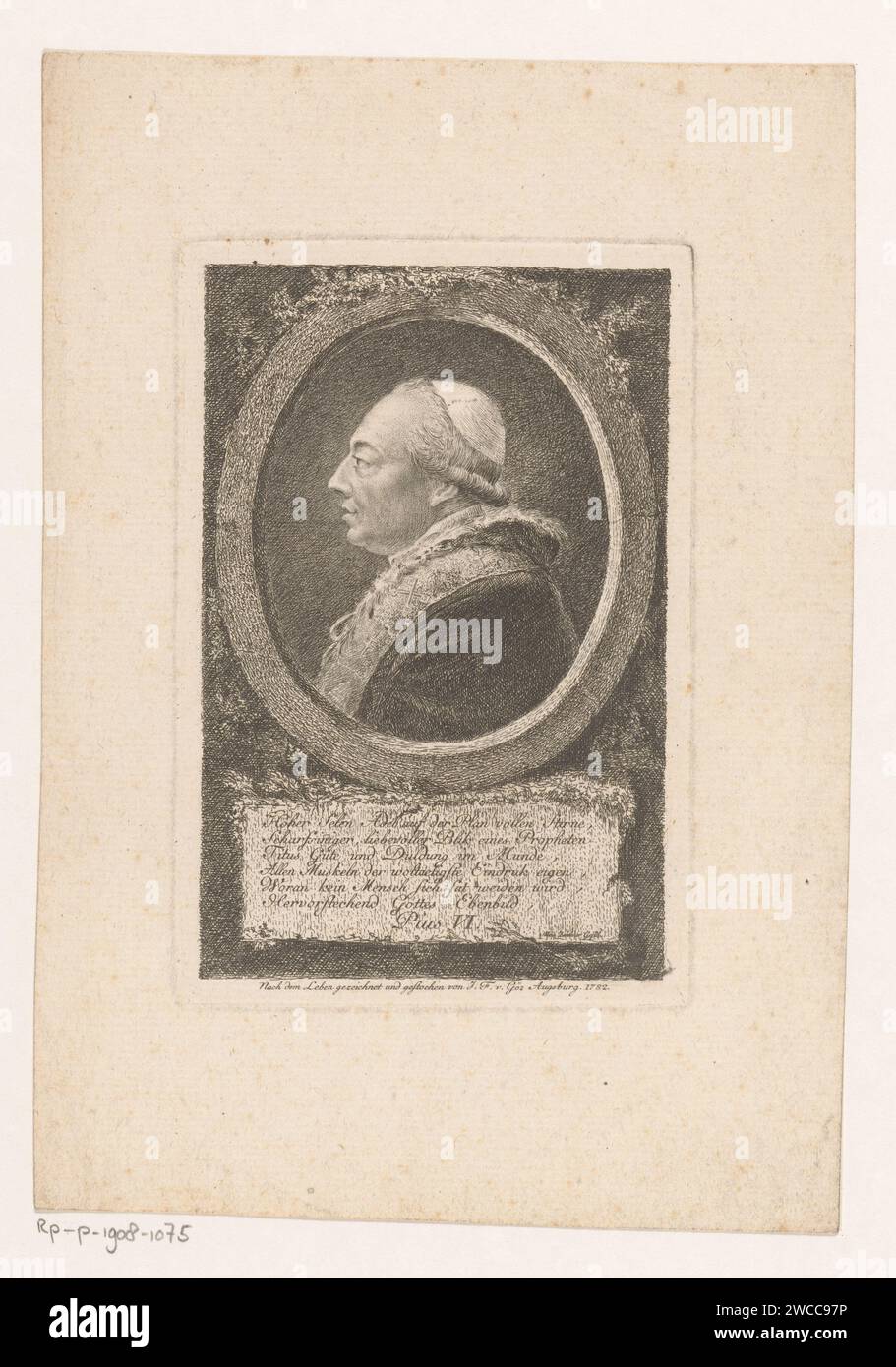 PORRET VAN PAUS PIUS VI., Joseph Franz Freiherr von Goez, 1782 Druck mit Unterschrift in deutscher Sprache. Augsburger Papierätzer historischer Personen. papst Stockfoto