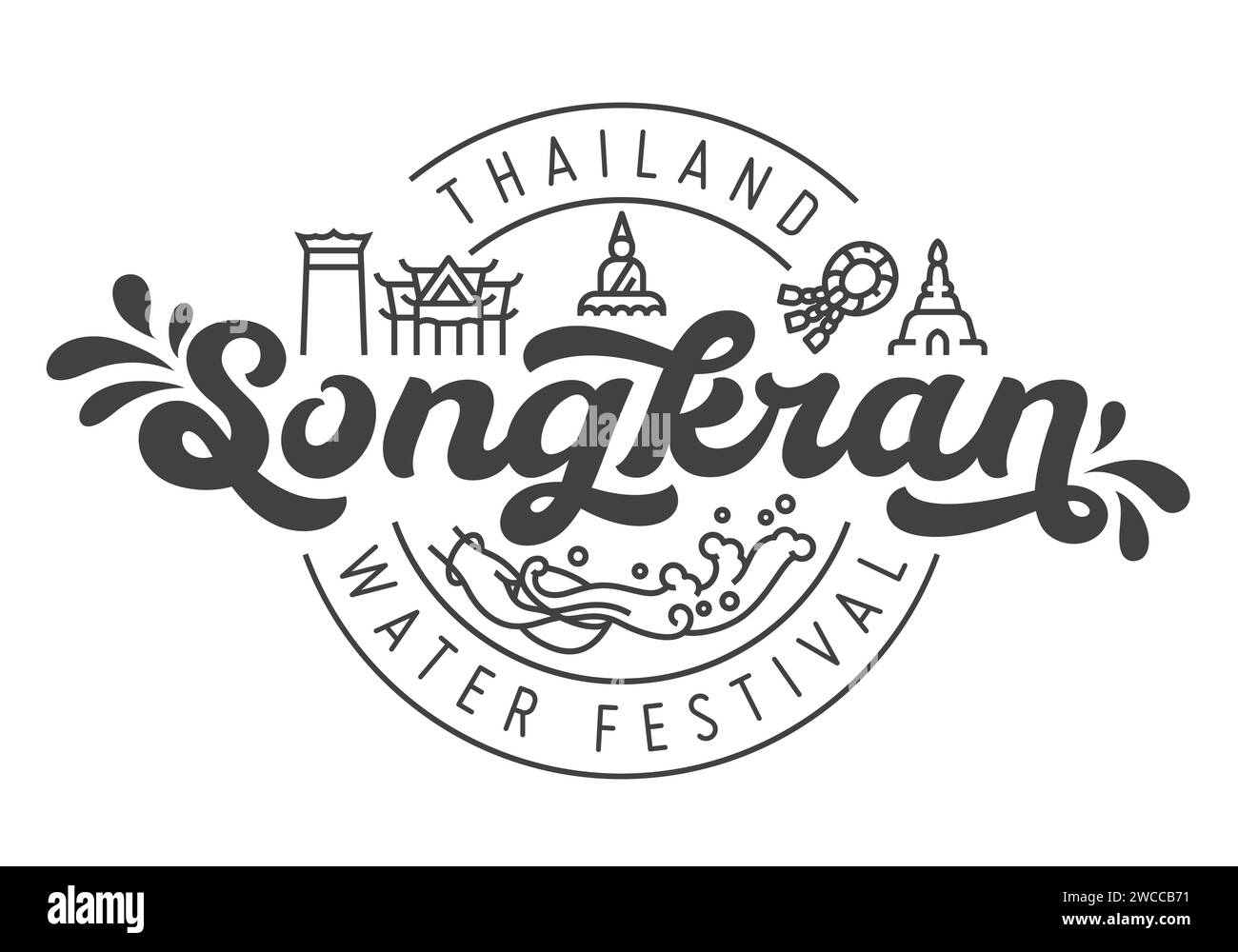 Songkran thailand Wasserfestival Logotypendesign mit linearem Symbol des thailändischen Symbols: buddha, Tempel, Blumengirlande, Pagode, Riesenschaukel und Wasserspritzer Stock Vektor