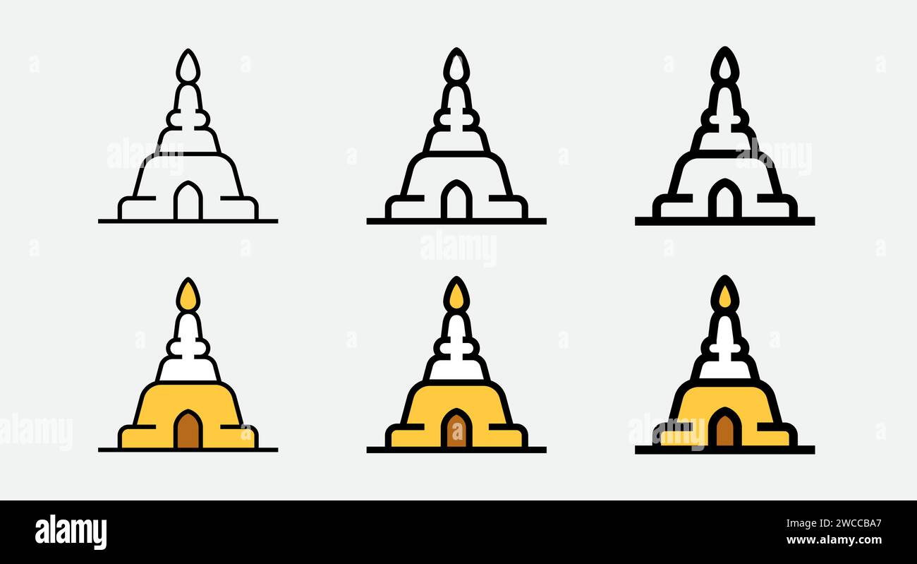 thai-Pagode Tempel buddhismus Linie Ikone und gefüllte Umrandung verschiedene Gewicht lineare Linie Stock Vektor
