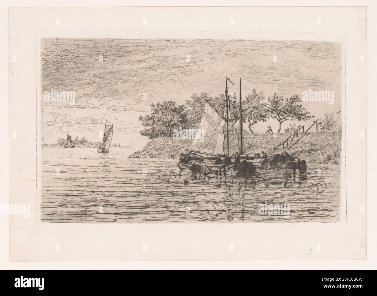 Segelboote auf einem Fluss, auf dem Deich mähen ein Mann, Edgar Alfred Baes, 1847 - 1909 Druckpapier Radierung / Trockenpunkt Segelschiff, Segelboot. flussufer. fluss Stockfoto