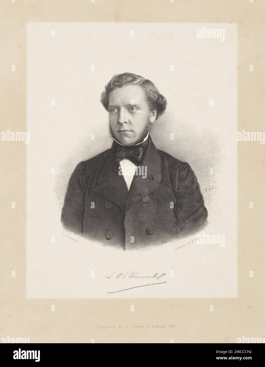 Porträt von Lodewijk Willem Ernst Rauwenhoff, Leonard de Koningh, 1859 Druck unter dem Porträt die Unterschrift der dargestellten Person. Dordrecht Papier. Historische Personen (+ (Vollporträt) Stockfoto