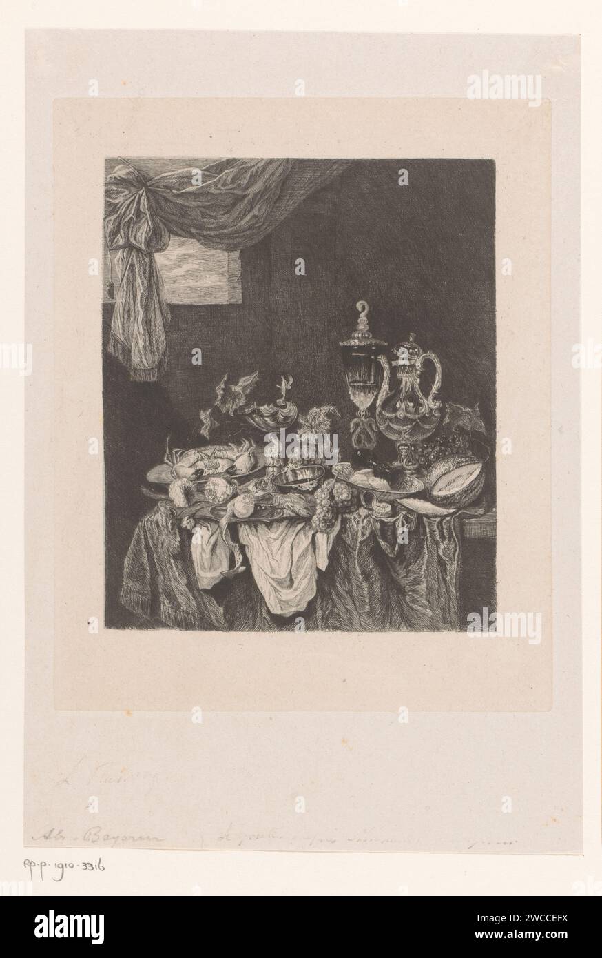 Stilleven, Léopold Flameng, nach Abraham van Beyeren, 1841–1887 Druckpapier zum Ätzen von Lebensmitteln; Stillleben von Lebensmitteln Stockfoto