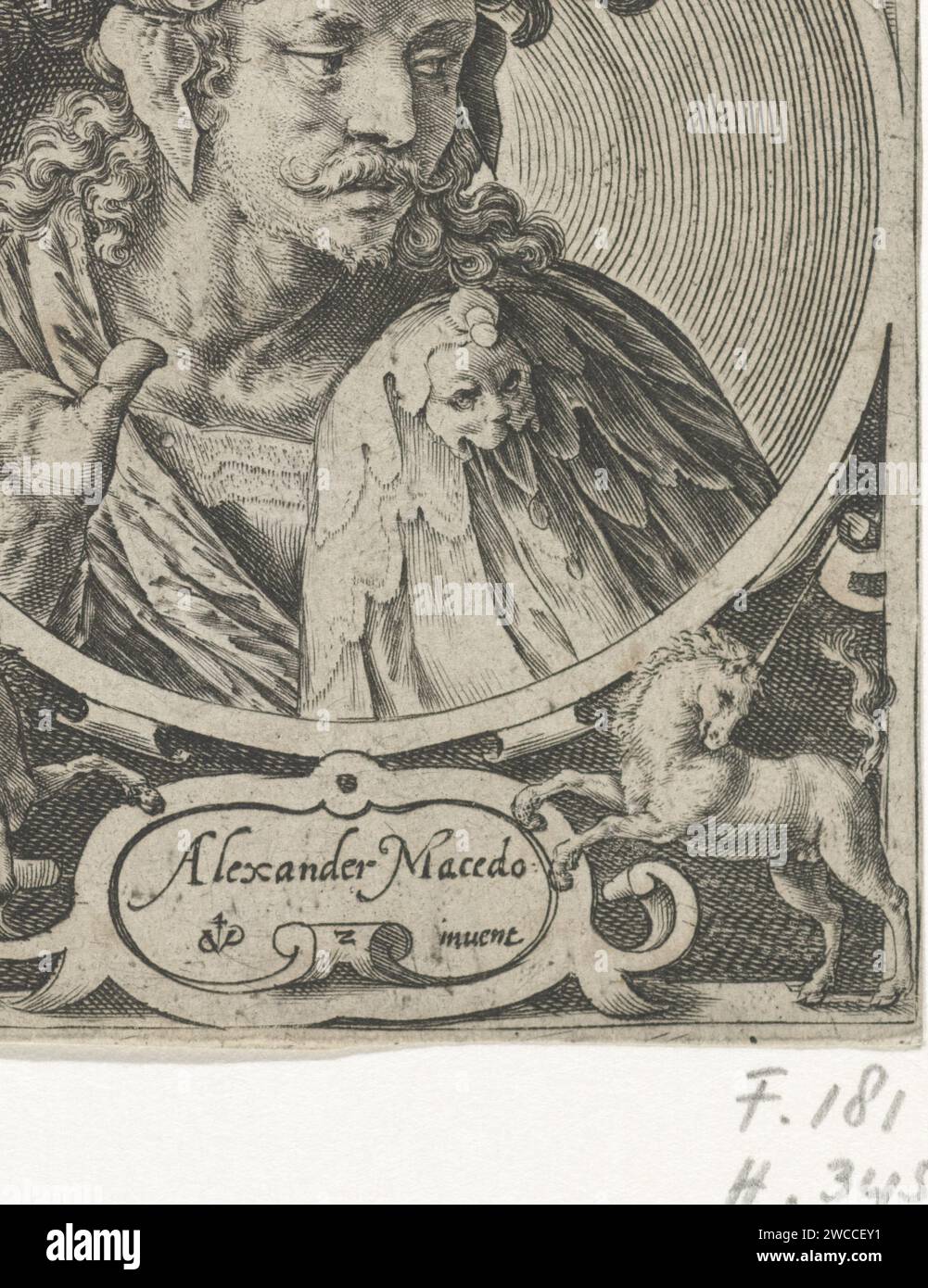 Alexander der große als einer der neun Helden, Crispijn van de Passe (I), 1574–1637 drucken den Helden aus der klassischen Antike Alexander der große. Büste in einem Medaillon mit einer Kartusche, darunter sein Name. Zwei Einhörner in den Unterkarren und zwei Steinhörner in den oberen Ecken. Drucken Sie aus einer Serie von neun mit Helden. Unbekannter Papierstich Alexander (einer der neun Wertsachen) Stockfoto