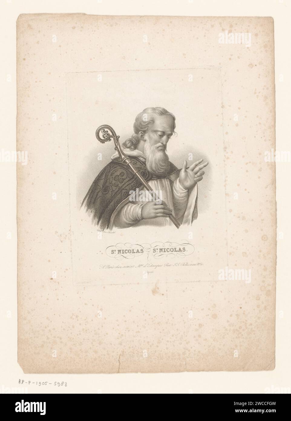 H. Nicolaas, anonym, nach Charles-Abraham Chasselat, ca. 1812 - ca. 1839 Druckgraphiker: Franzepublisher: Pariser Papierstich des Bischofs Nikolaus von Myra (oder Bari); mögliche Attribute: Anker, Boot, drei goldene Kugeln (auf einem Buch), drei Geldbörsen, drei Kinder in einer Wanne, drei Mädchen Stockfoto