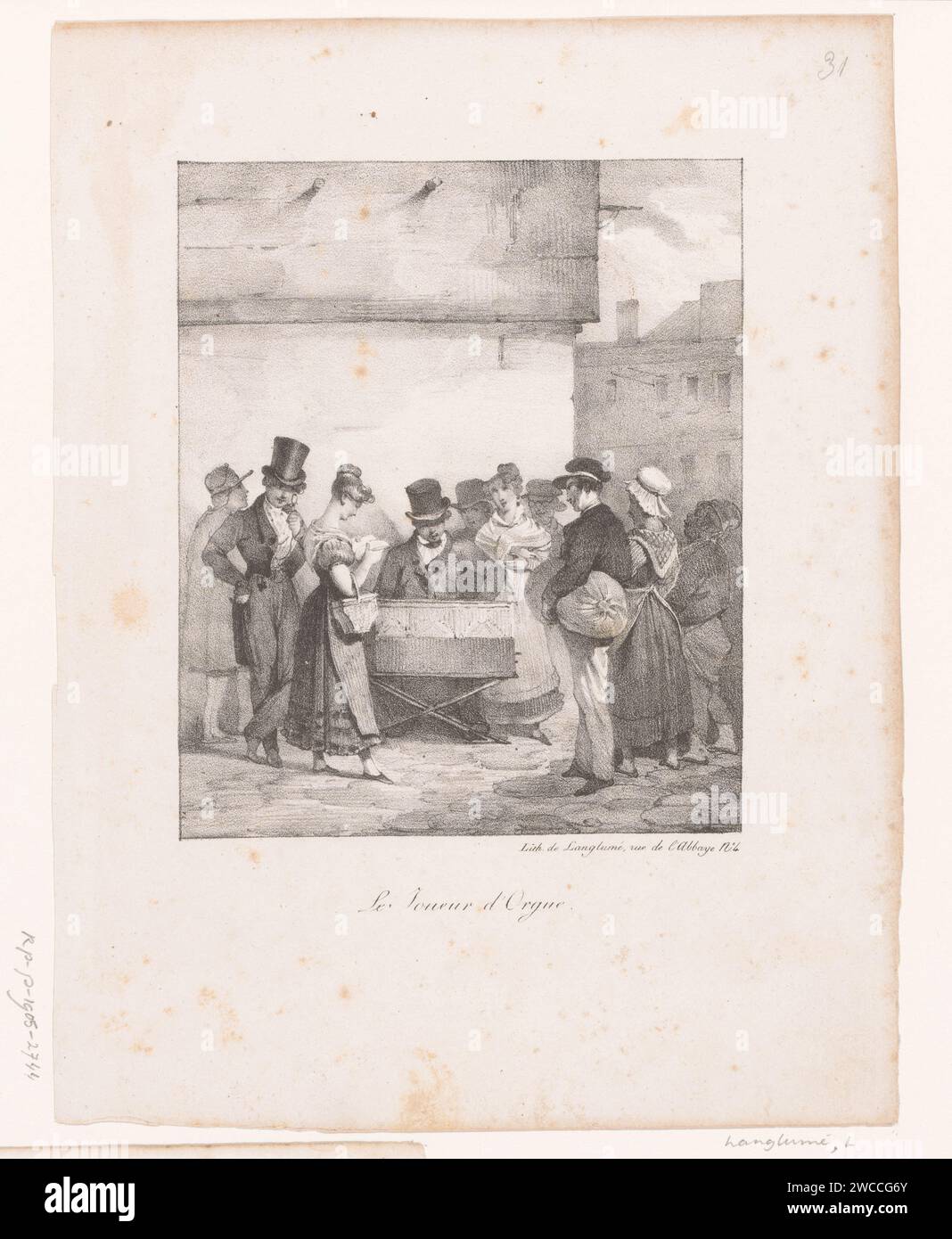 Orgelspieler mit Publikum auf der Straße, Anonym, Pierre Langlumé, 1820 - 1830 Druck Paris Papier Instrumental Popular Music - CC - out of Doors Stockfoto