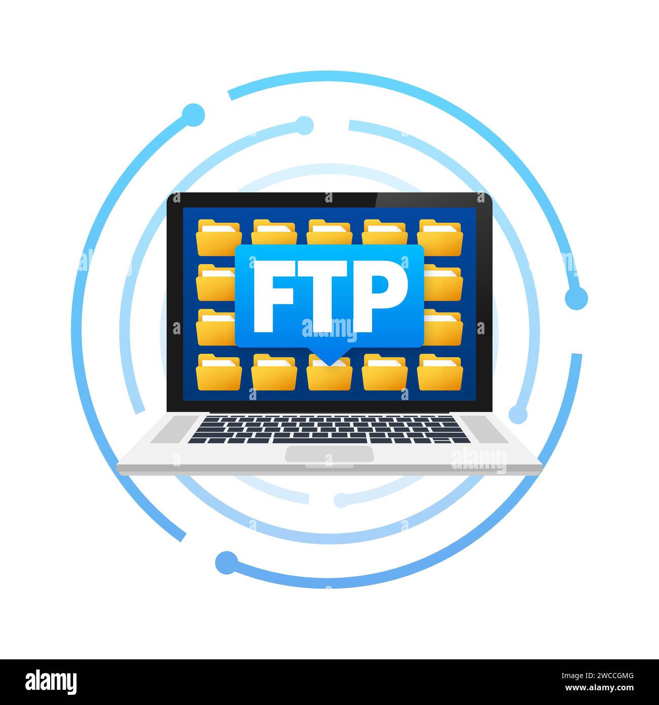 Laptop mit FTP File Transfer Protocol-Schnittstelle zur Anzeige von Ordnern für Web- und Datenübertragungskonzepte Stock Vektor