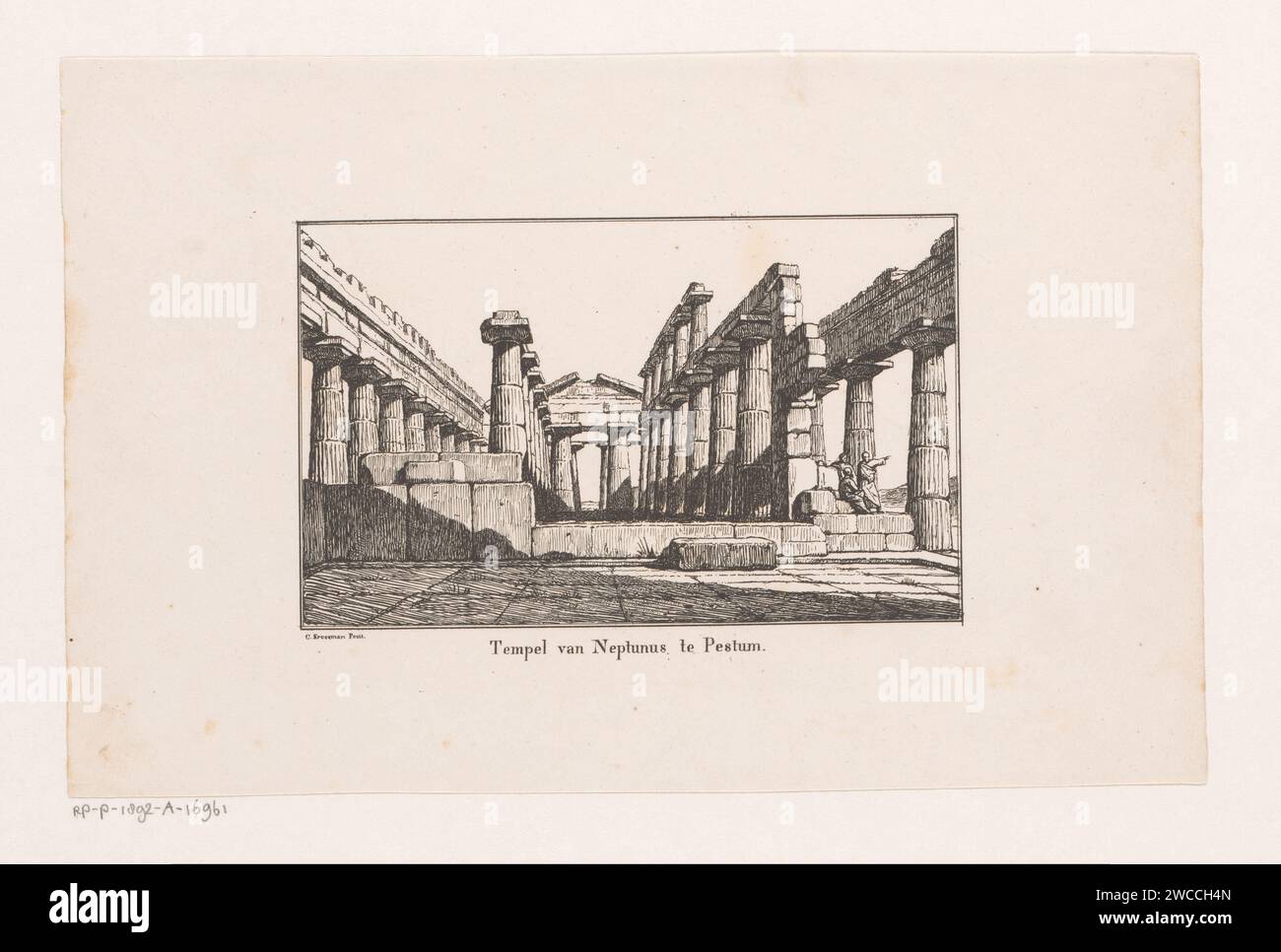 Tempel des Neptunus in Pestum, Cornelis Kruseman, 1809 - 1857 Druck rechts im Tempel drei Männer. Papiertempel, Schrein  griechische Religion. (Geschichte) Neptun (Poseidon) Stockfoto