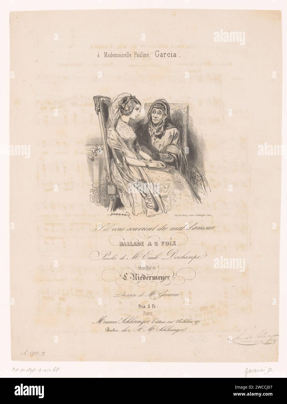 TITELPRENT VOOR: Bitte denken Sie an das Böse der Liebe van Niedermeyer, Paul Gavarni, ca. 1838 Druck eine alte Frau tröstet eine junge Frau mit Herzschmerz. Drucker: Parispublisher: Parispublisher: Berliner Papier Liebesliebhaber. Jung versus alt; jung und alt. Trost Stockfoto