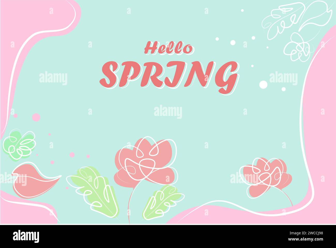 Frühlingsblaue Postkarte mit rosafarbenen Blumen, grünen Blättern und „Hello Spring“-Beschriftung. An den Rändern rosa und weißer Scheidungen. Vektor. Horizontal Stock Vektor