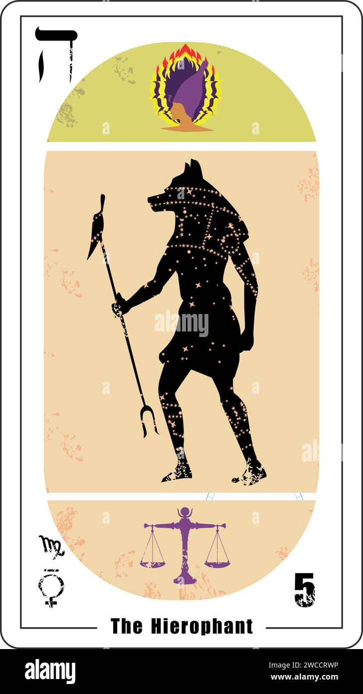 Ägyptische Tarotkarte Nummer 5, genannt der Zauberer. Silhouette des Gottes Anubis Stock Vektor