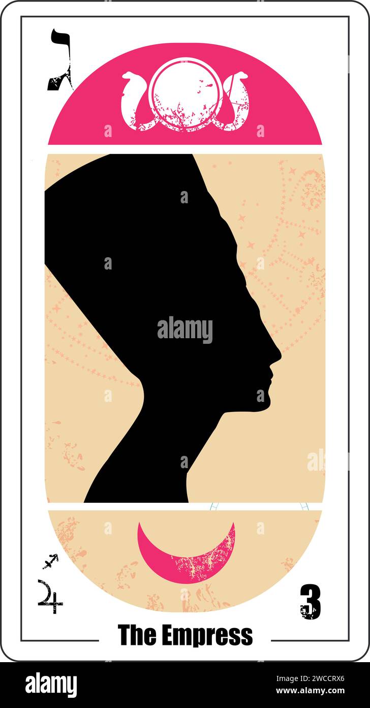 Ägyptische Tarotkarte genannt Kaiserin. Nefertiti-Silhouette. Stock Vektor