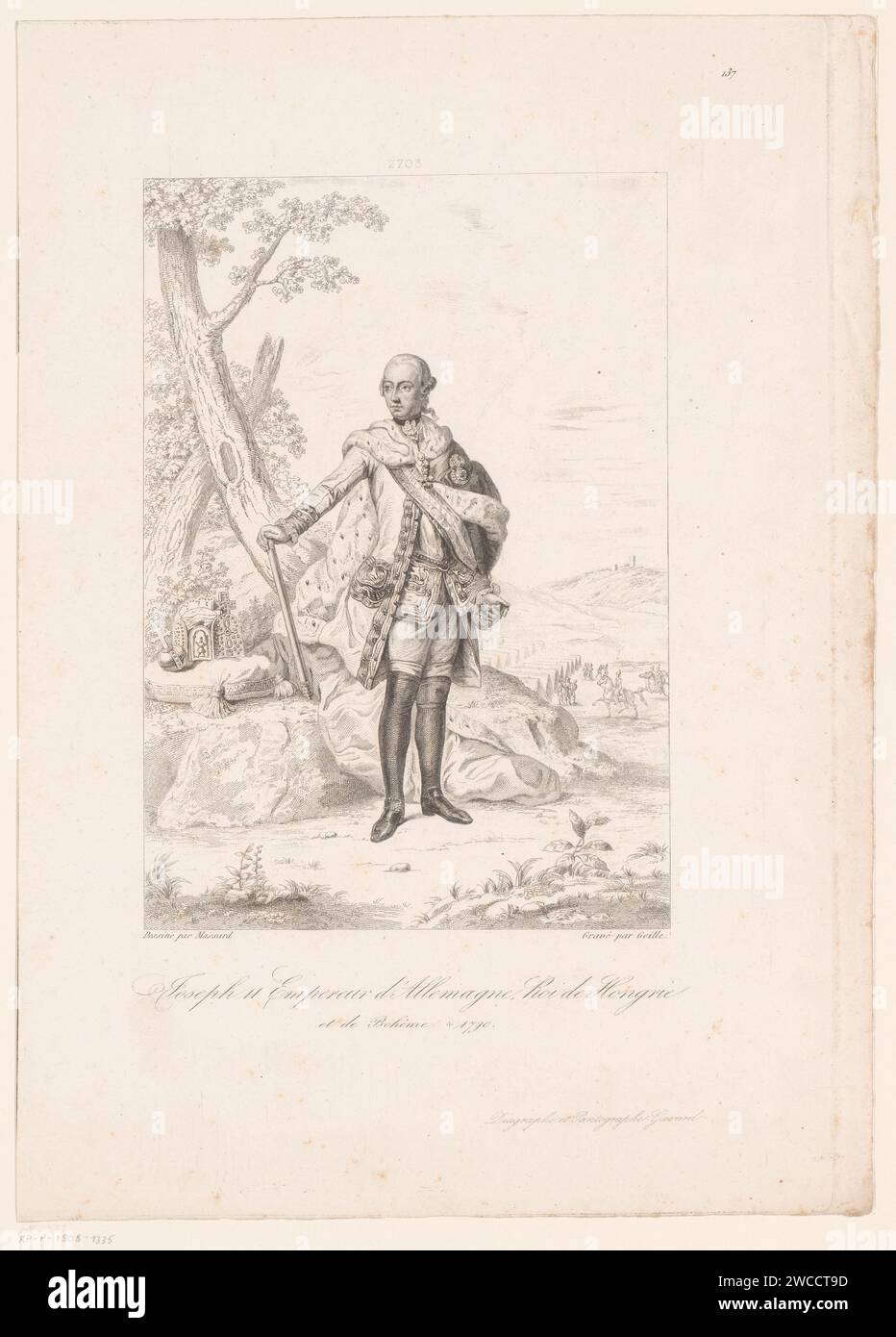 Portret Van Rairezer Josz II, Amegiis Fuli Barthen Sill-Eyel, nach Léopold Massard, 1838–18311 Druck in der Mitte oben: 2703. Druckerei: Franzepublisher: Pariser Papiergravur und Gravur historischer Personen. Herrscher, souverän. Abzeichen und Symbole der Souveränität (Krone, Diadem, Zepter, Kugel, Siegel, Standard, Mantel, Brustwand) Stockfoto