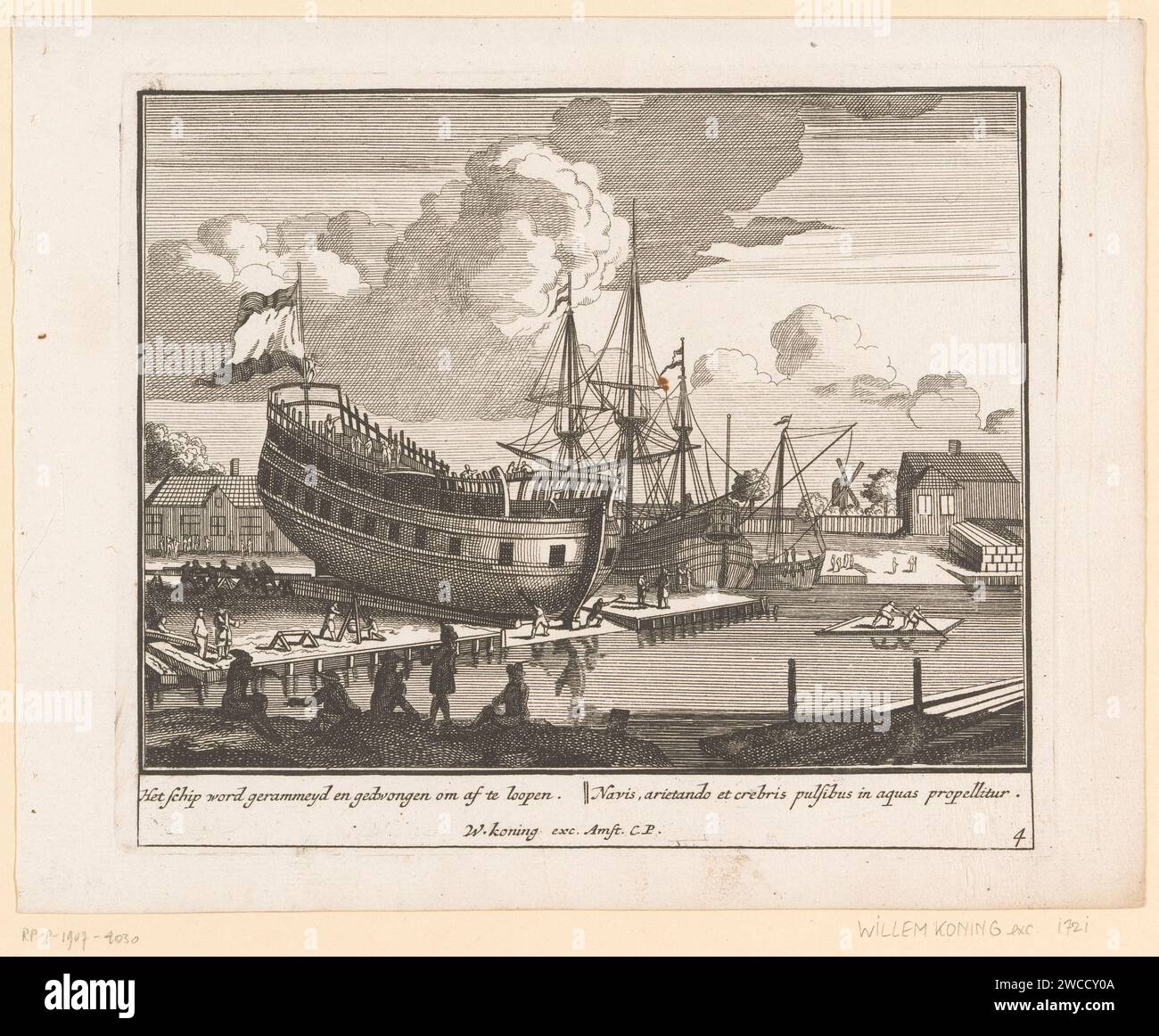 Wasserpräparate, Pieter van den Berge, nach Sieuwert van der Meulen, 1717 - 1732 Druckpräparate für das Wasser auf der Werft. Nach Druck von: Northern Netherlandspublisher: AmsterdamPublisher: Amsterdam Papierätzung / Gravur Bau eines Schiffes, Schiff im Bau. Werft, Schiffsanlegestelle Stockfoto