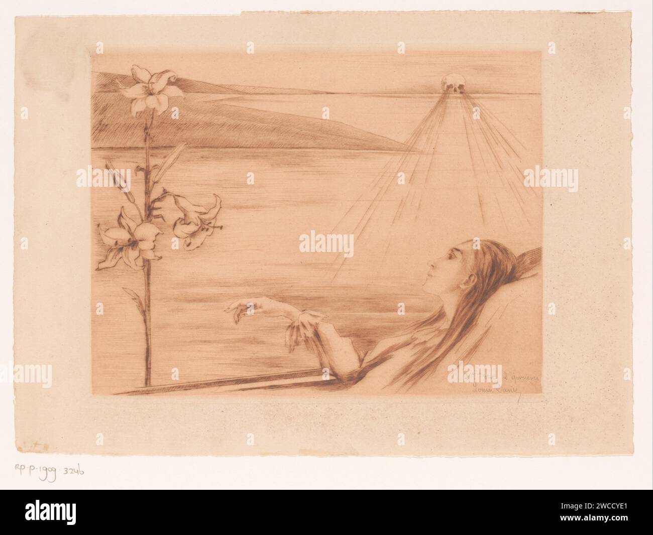 Sterbende junge Frau mit einer Lilie, Louise Danse, 1877 - 1909 Druckpapier Ätzen / Trockenpunkt Tod eines jungen Menschen. Blumen: lily. Kopf des Todes, Schädel (Symbol des Todes) Stockfoto