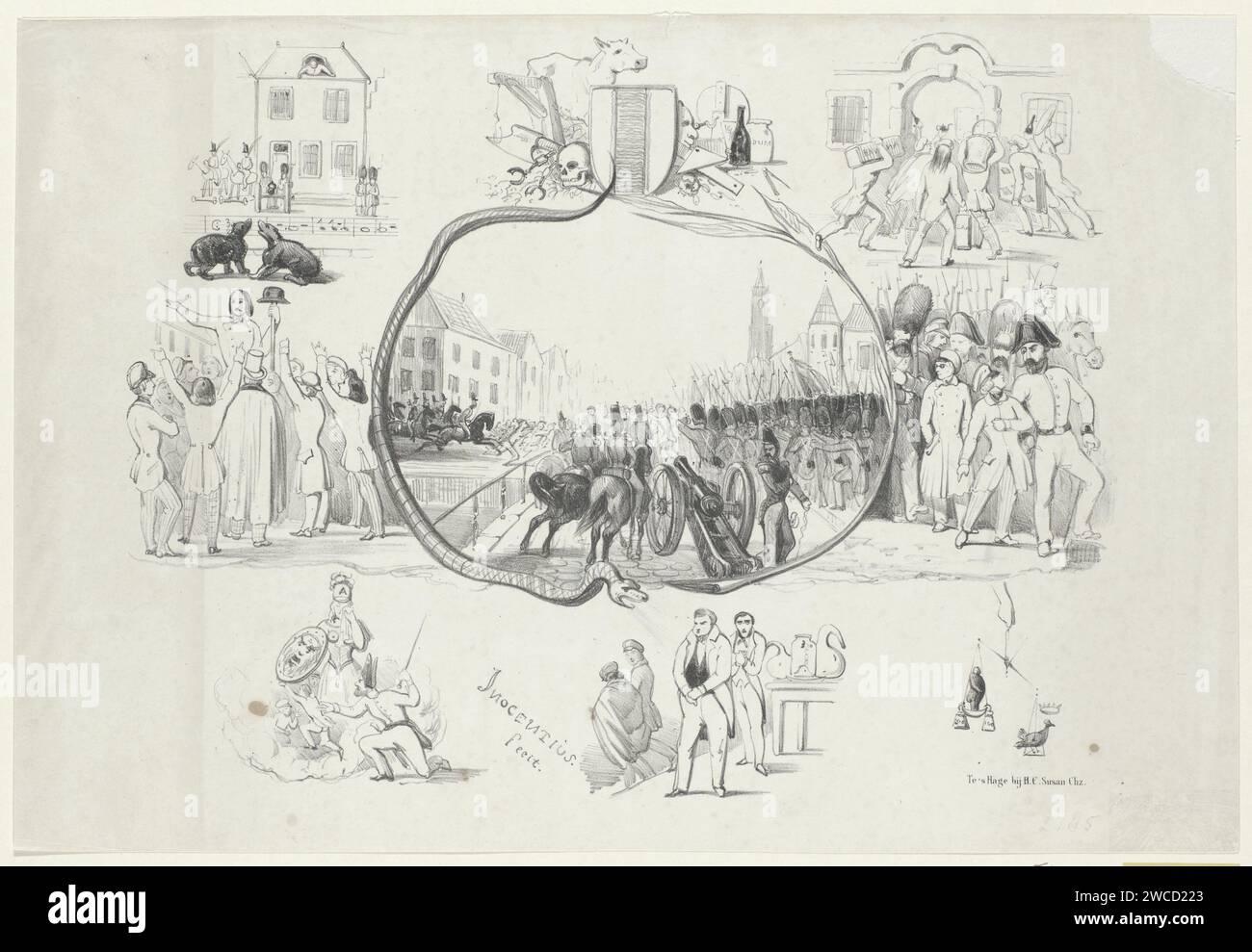 Cartoon Student Delft, CA. 1843-1849, Inocentius, 1843-1849 Print Cartoon über die Unruhen unter den Studenten in Delft nach Argumenten über die Ernennung von Herrn Carel Frederik Donnadieu anstelle von Herrn Petrus Jacobus Kipp zum Professor für Chemie an der Königlichen Akademie (für die Ausbildung von Bauingenieuren Zoo durch das Land für den Landdienst wie für die Industrie und von Züchtern für den Handel), ca. 1843-1849. Druckerei: Netherlandspublisher: Die Haager Papierstudentin Life Delft Stockfoto