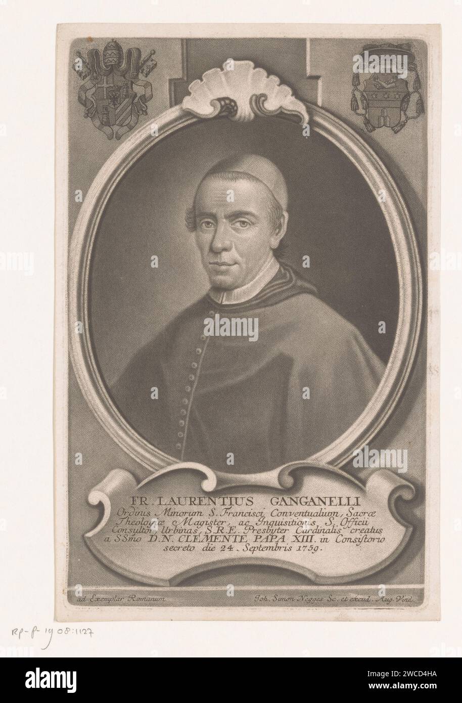 Portret van Clemens XIV., Johann Simon Negges, 1736 - 1792 Druck Augsburger Papier historische Personen. Waffenlager, Heraldik. papst Stockfoto