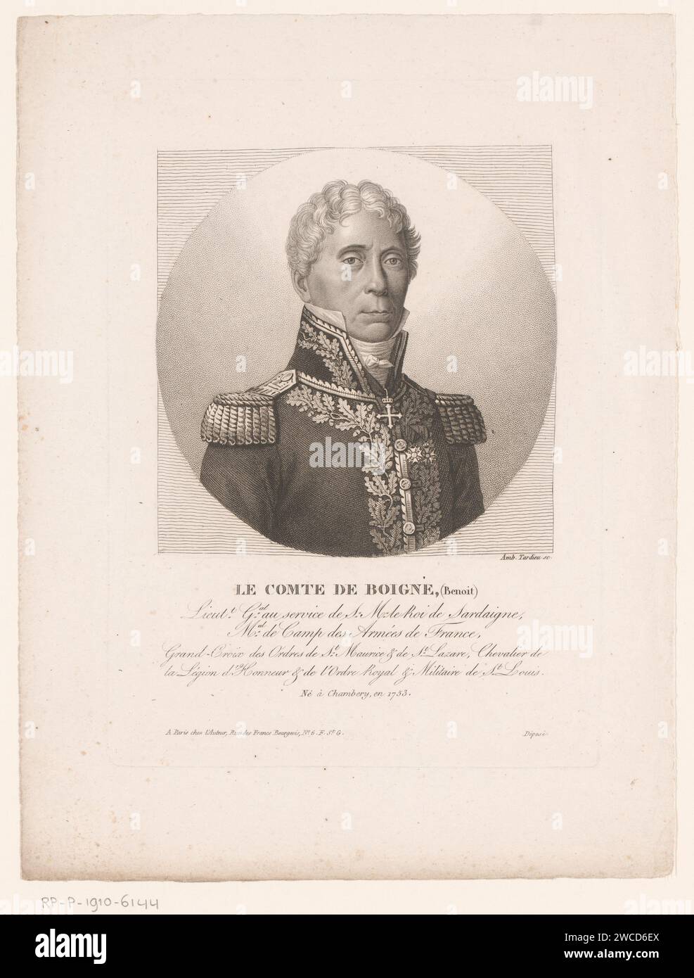 Portret van Benoît de Boigne, Ambroise Tardieu, 1822 Druck unter seinem Bild biographische Daten. Pariser Papiergravur historischer Personen Stockfoto