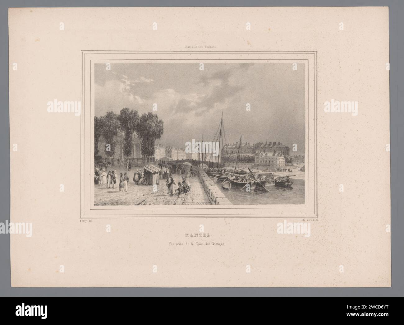 Ansicht des Cale des Oranges in Nantes, Isodore -Laurent Deroy, 1833 - 1835 Print Print ist Teil eines Covers mit achtzehn Drucken. Druckerei: ParisAfter Zeichnung von: Nantesprinter: Parispublisher: Nantes Papierquay (+ Stadt(-Landschaft) mit Figuren, Personal). fluss (+ Landschaft mit Figuren, Personal). Schiffe (im Allgemeinen) Quai de la Fosse Stockfoto