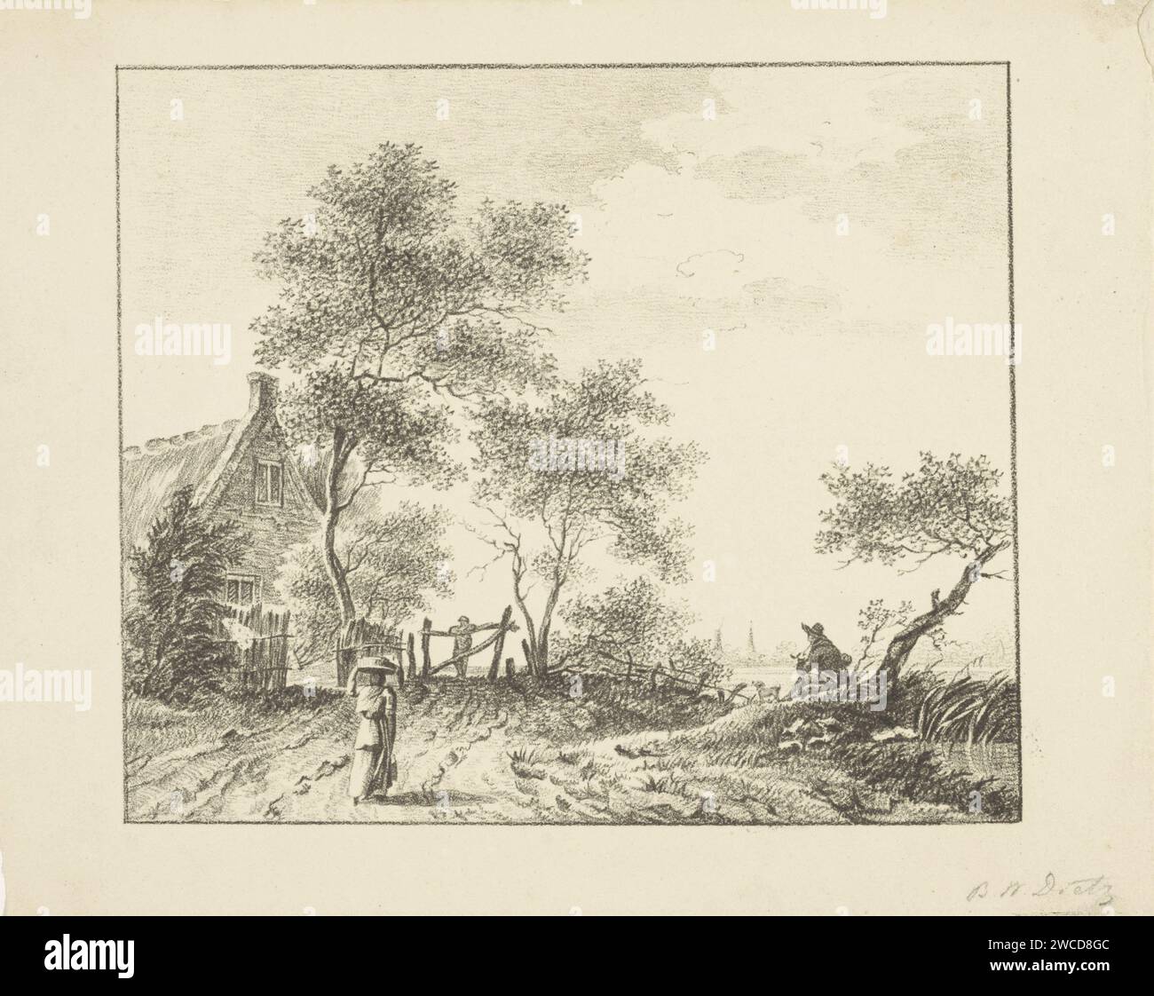 Landschaft mit Ehefrau mit Korb auf dem Kopf, Barentie Willem Dietz, ca. 1817 Druck die Frau geht auf einem Sandweg zu einem Haus. Auf der rechten Seite ist ein Mann mit einem Hund unter einem Baum. Eine dritte Figur lehnt sich auf einen Zaun am Ende der Straße. Arnheim Papier trägt etwas auf dem Kopf oder auf den Schultern. Landschaften (+ Landschaft mit Figuren, Personal). Bauernhof oder einsames Haus in der Landschaft Stockfoto