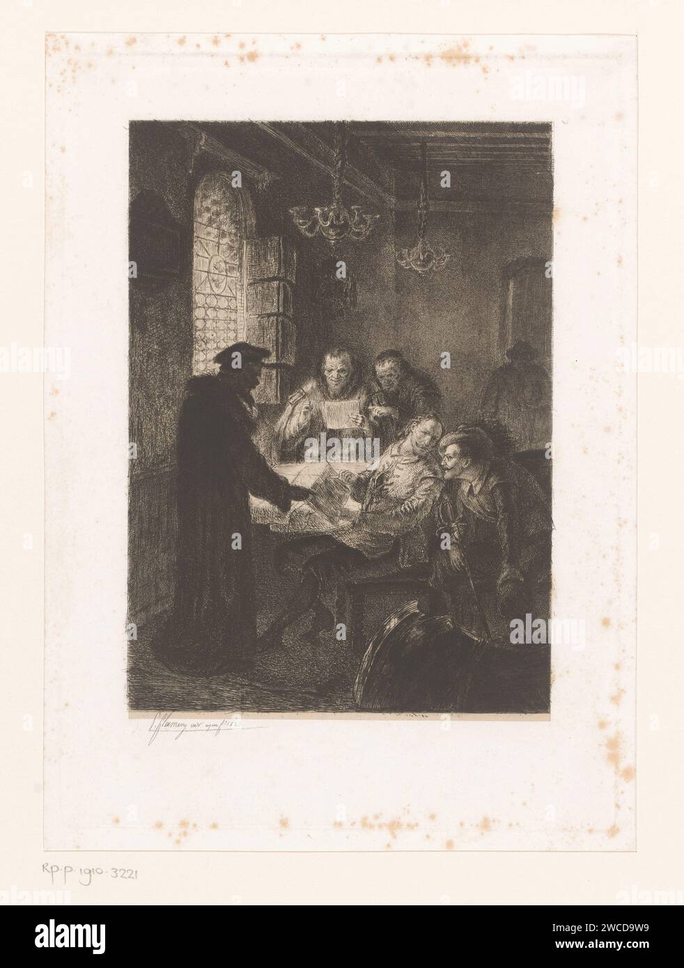 Gruppe in Renaissancekleidung um einen Tisch und studiert Briefe, Léopold Flameng, Druckpapier 1853. Ätzen/Trockenpunktlesen für jemanden Stockfoto