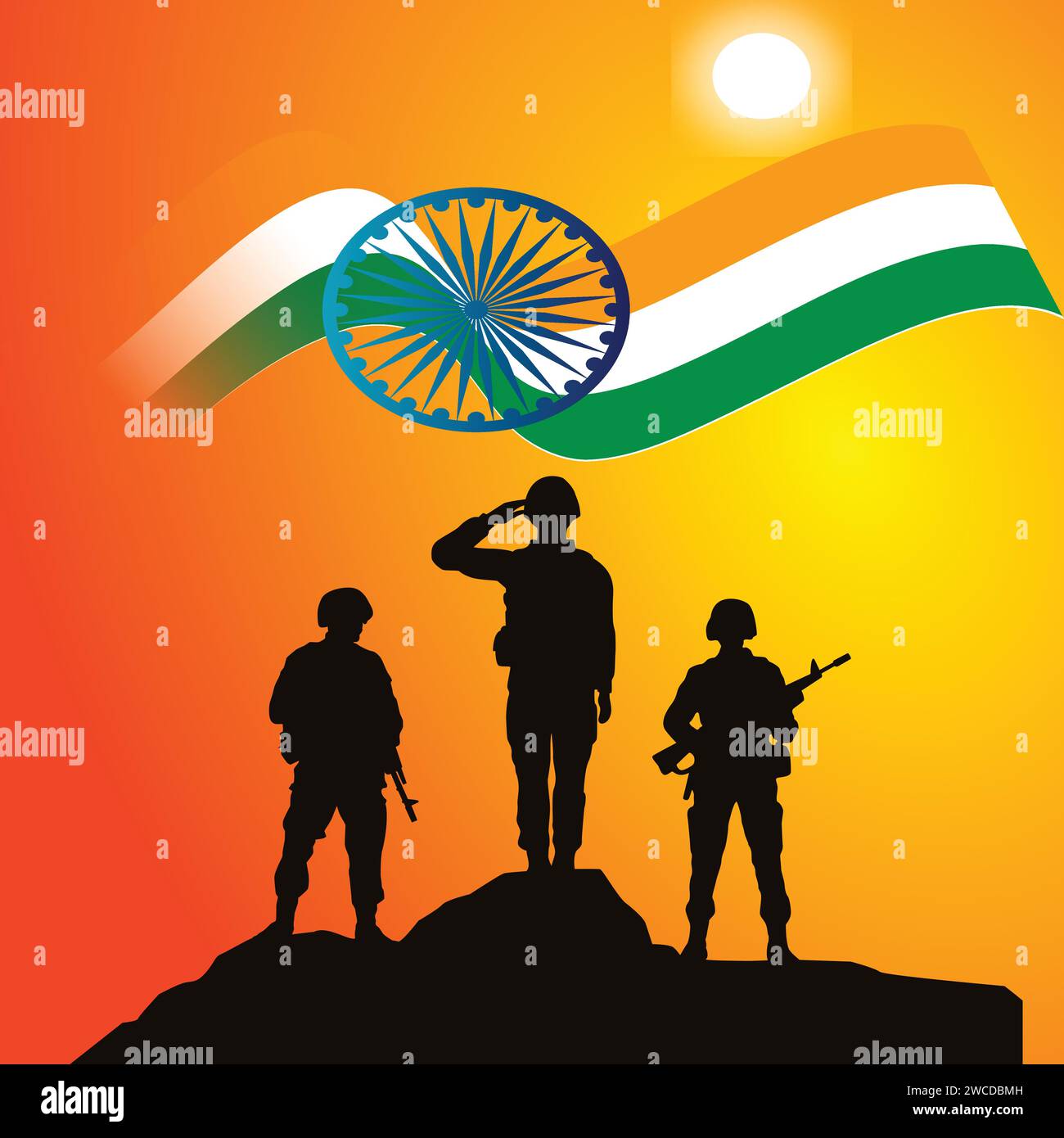 Indischer Armeetag Hintergrund mit Salutsoldaten und Flagge | Armeetag, indische Armee, Unabhängigkeitstag Stock Vektor