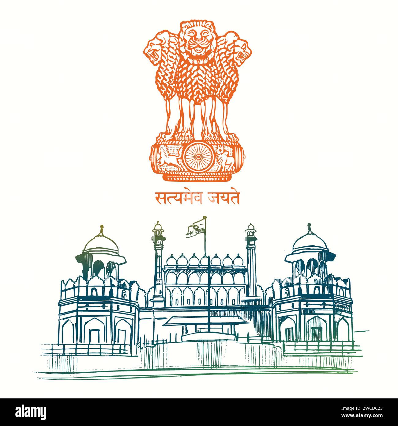 Vektor-Illustration der Umrisse des Roten Forts und des Ashoka-Emblems von Indien Stock Vektor