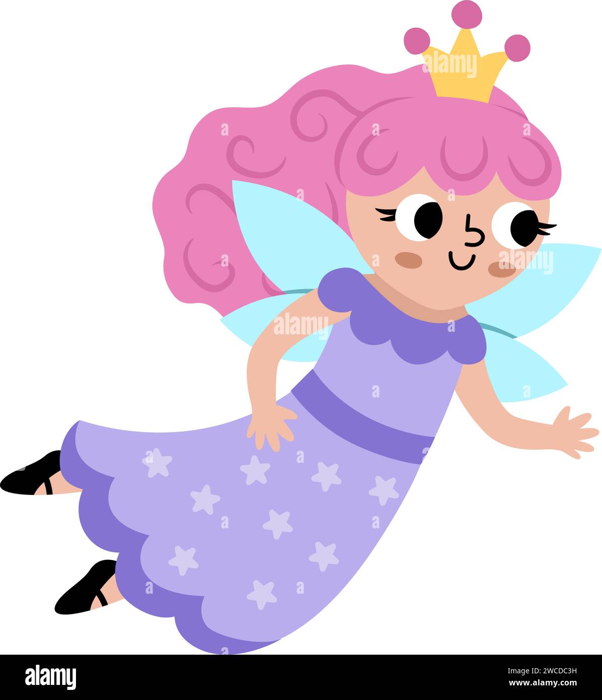 Vektor-Fee-Symbol. Fliegende Zauberin mit rosa Haaren und Krone. Märchenhafter Charakter in lila Gewand mit Sternen. Zauberprinzessin mit Flügeln Stock Vektor