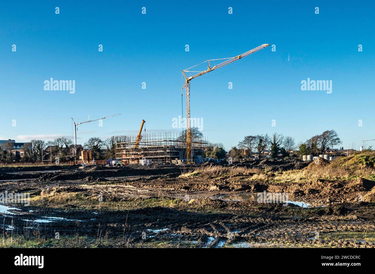 Eine Baustelle mit in West Dublin, Irland. Mit Turmkranen und Baugerüsten in der frühen Entwicklungsphase. Stockfoto